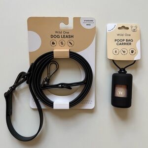 Wild One Waterproof Dog Leash (Standard Size) & Poop Bag Carrier Set - Black